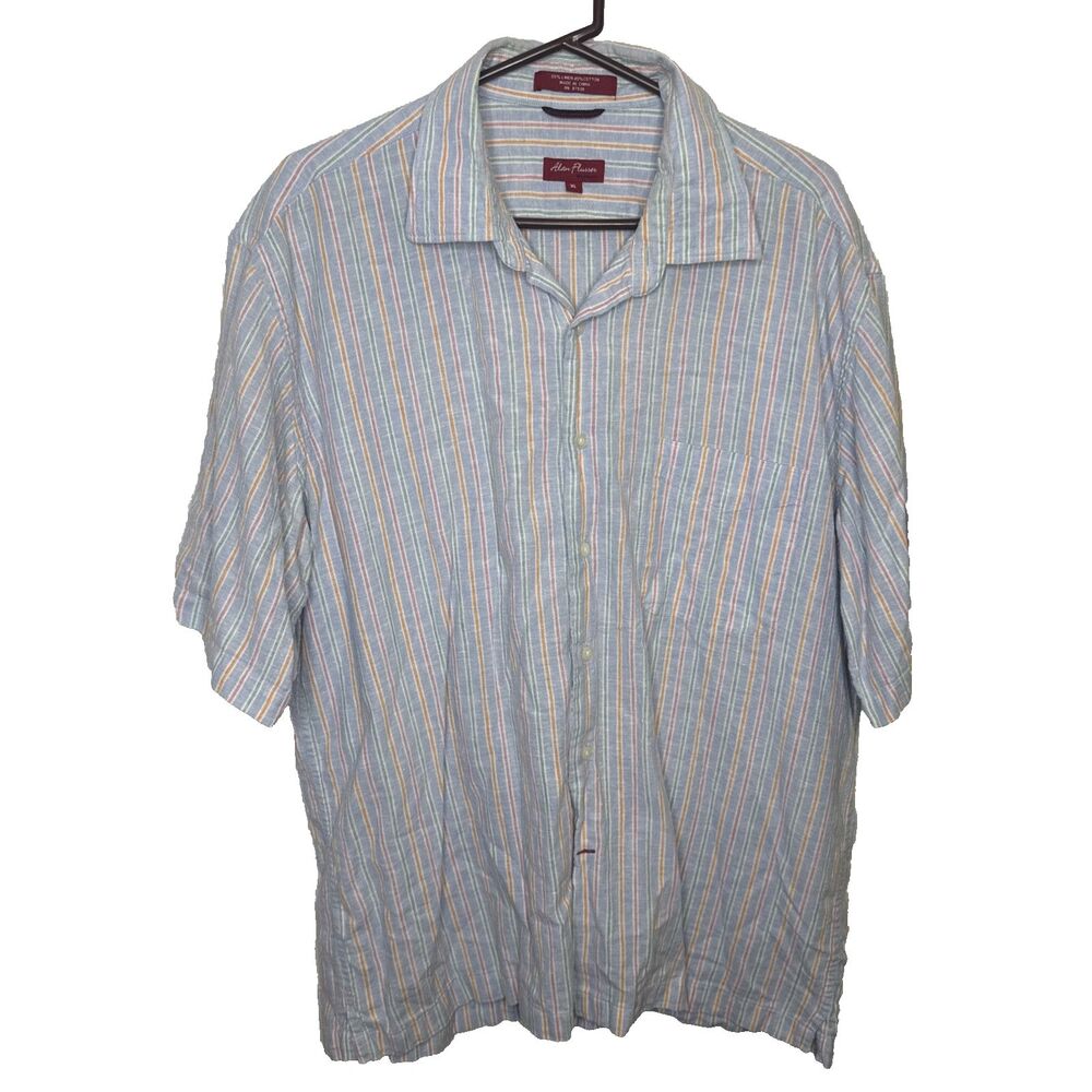 Alan Flusser Mens XL Multicolor Striped Linen Blend Button Up Shirt Casual Long